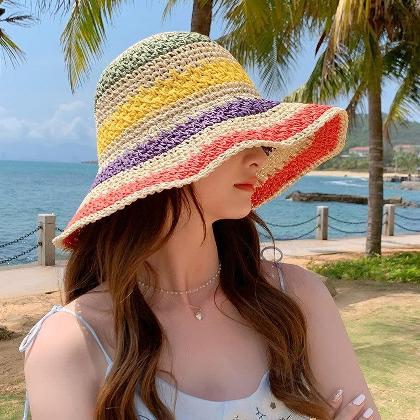 UVカット 虹色 紫外線対策 お出かけ 海辺 収納可能 便利 夏 女 帽子 ストローハット