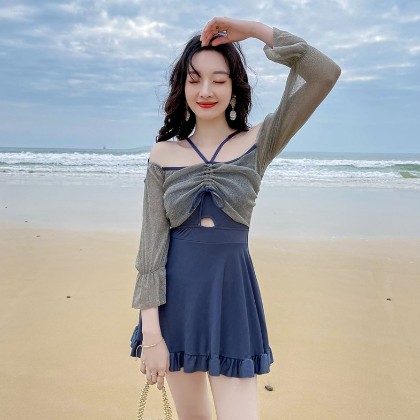 女子マスト 温泉 韓国風デザイン INS風 ギャザー ホルターネック 体型カバー水着