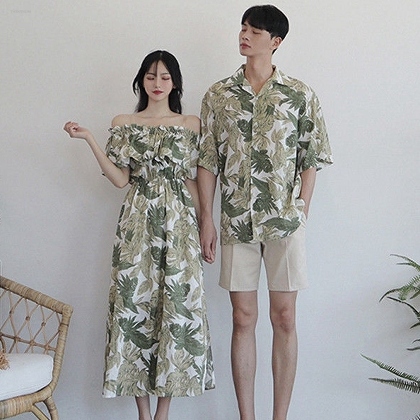 韓国系 ファッション 半袖 オフショルダー 民族風 プリント 体型カバー 旅行 単品販売可能 ペア水着