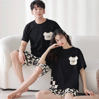 韓国風ファッション 上下セット 綿100％ ルームウェア 絶対欲しい 半袖 プリント ペアパジャマ テディ