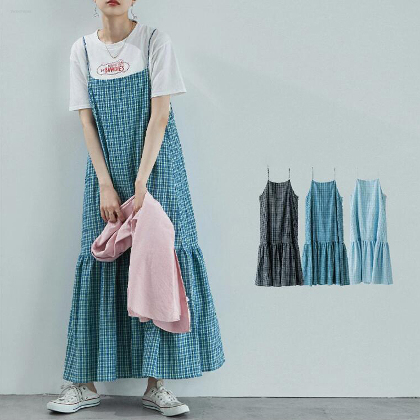 韓国ファッション チェック柄 ノースリーブ 大人可愛い ジャンパースカート